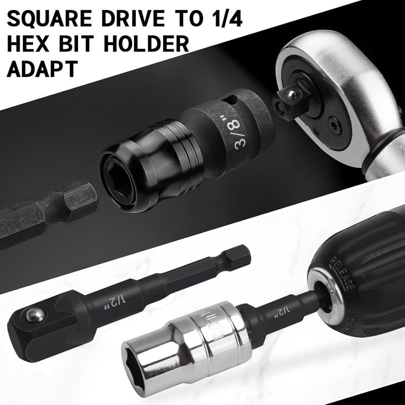 Lytool Impact Socket Adapter & Reducer Set, 6PCS Cr-Mo Steel, 1/4" Hex Shank to 1/4" Square Drive Drill Adapter and 1/2" 3/8" Reducers, Quick Release Extension for Impact Driver & Power Tools - Image 3
